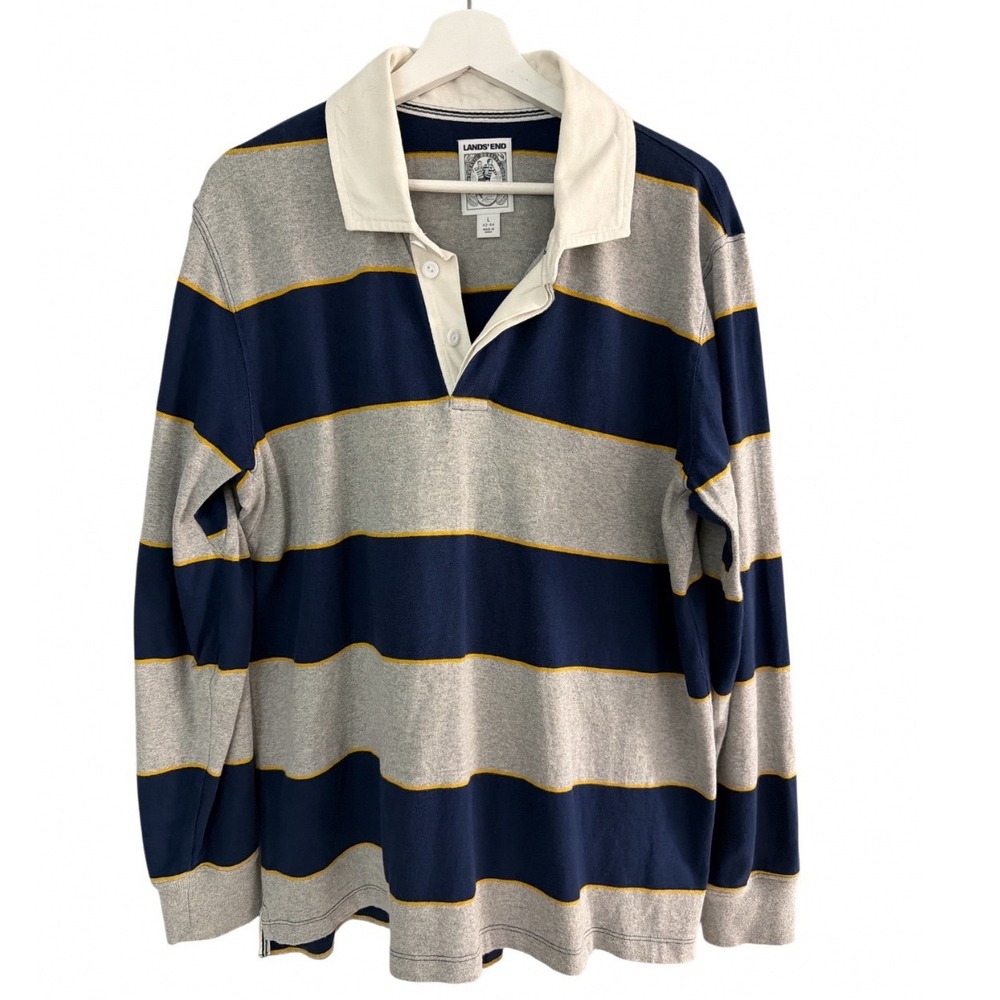 Lands End Mens Rugby Shirt Large L Navy Blue Gray Striped Long Sleeve Cotton